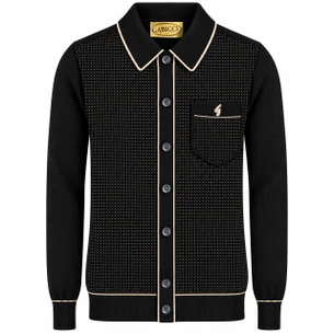 Gabicci Vintage Archive Nick Zip Knit Tipped Polo Cardigan in Black