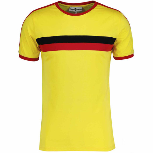 Madcap England Retro 70s Chest Stripe Taped Sleeve Disco Ringer Tee in Yellow