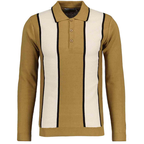 Madcap England Junot 60s Mod Popcorn Waffle Knit Stripe Panel Polo Shirt in Fall Leaf