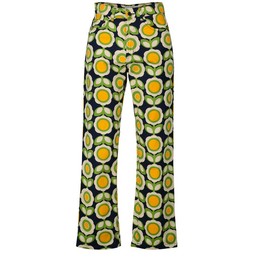 Madcap England Daydream Women's Retro Wide Leg Parallel Trousers in Green Daisy Print