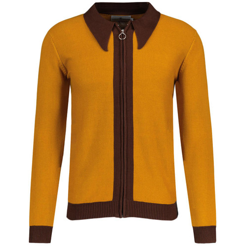 Madcap England Riva Men's Mod Knitted Big Collar Ring Pull Cardigan in Buckthorne