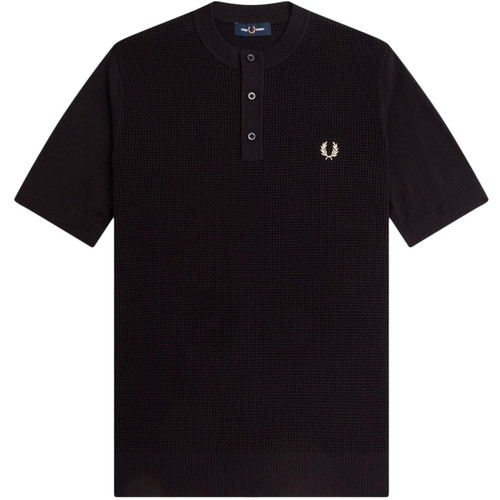 Fred Perry Waffle Stitch Henley Neck Top in Black K6509 102 Fred Perry Waffle Stitch Henley Neck Top in Black K6509 102