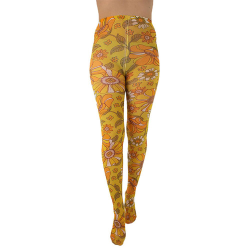 Pamela Mann Retro 1970s Throwback Floral Printed Tights in Mustard