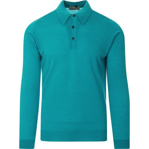 john smedley mens dorset long sleeve knitted plain polo top aqua blue