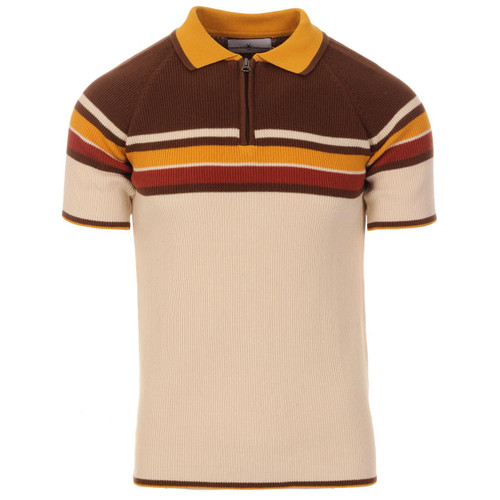 Madcap England Meteor Retro 70s Mod Ribbed Stripe Panel Polo Shirt in Birch