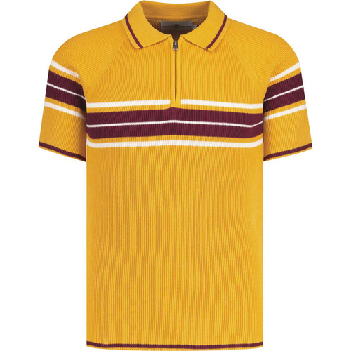 Madcap England Fireball Men's 1960s Mod Ribbed Stripe Zip Neck Polo Shirt in Golden Glow