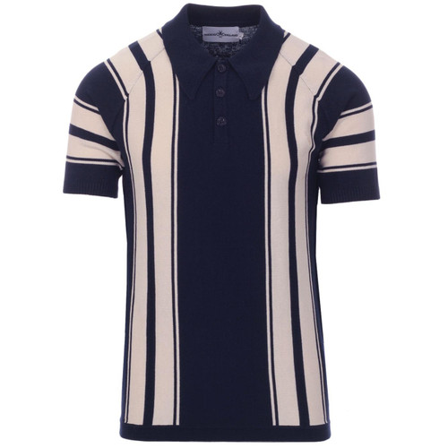 Madcap England Acid Test 60s Mod Big Collar Stripe Knit Polo Top in Navy