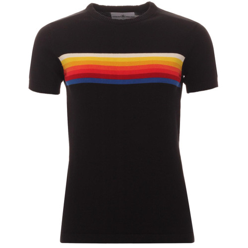 Madcap England Britpop Women's Retro Mod Rainbow Chest Stripe Knitted Tee in Black