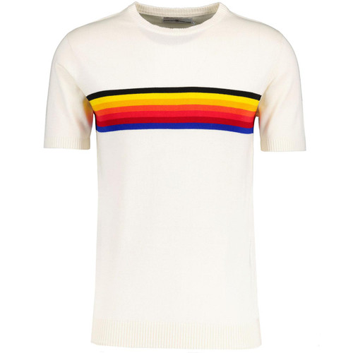 Madcap England Britpop Retro Mod Rainbow Stripe Knitted T-shirt in Ecru