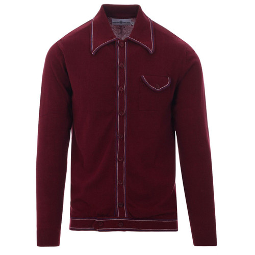 Madcap England Crawdaddy Long Sleeve 60s Mod Button Through Micro Dash Polo Cardigan in Zinfandel