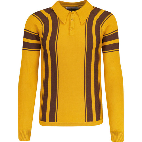 Madcap England Acid Test Retro 60s Mod Knitted Stripe Spear Collar Polo Shirt in Harvest Gold