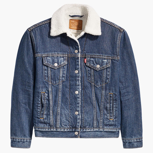 Levi's Women's Retro 70s Denim Sherpa Collar Trucker Jacket in Rough and Tumble Blue
