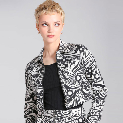 Hell Bunny H80036 Penny Retro 60s Print Cropped Jacket in Ivory and Black