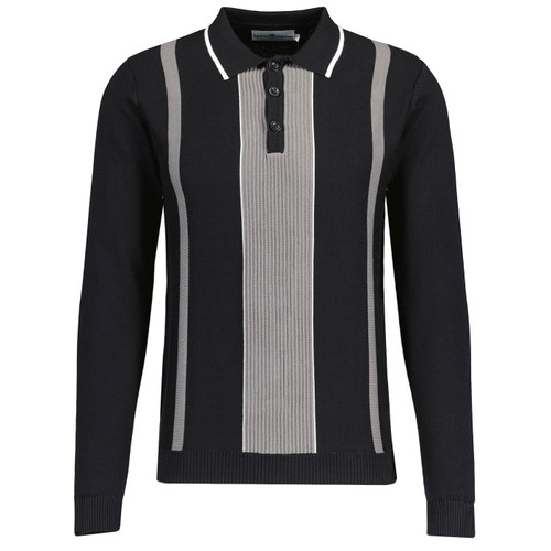 Madcap England Nova Ribbed Panel Knitted Polo Shirt in Black MC1031