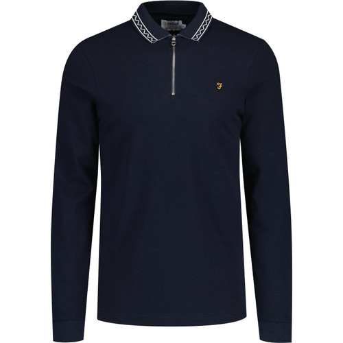 farah vintage mens milan zig zag tipped quarter zip long sleeve polo top true navy