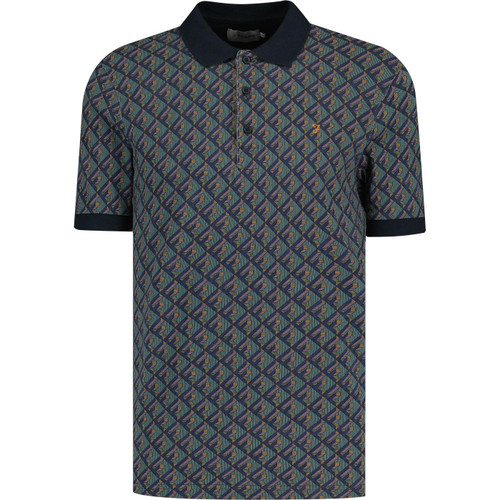 farah vintage mens heydon geo jacquard pattern polo tshirt navy