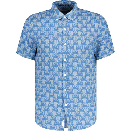 original penguin mens delave retro 70s geo Hawaiian print short sleeve linen shirt tourmaline blue