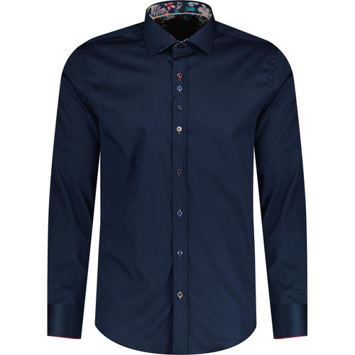 guide london mens plain not plain long sleeve stretch sateen shirt navy