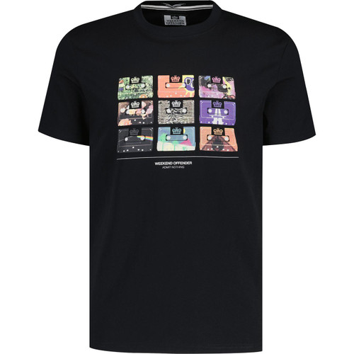weekend offender mens retro 90s graphic cassettes print crew neck tshirt black