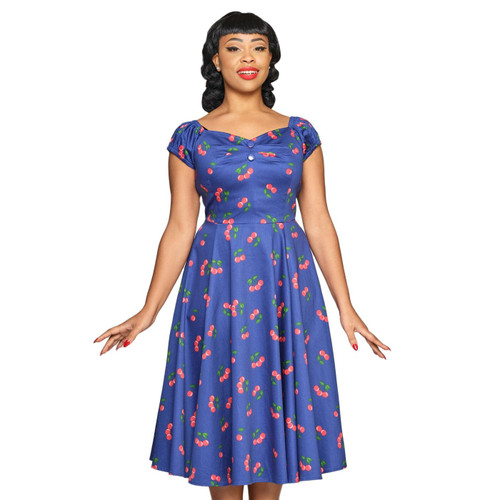 Collectif Dolores 50s Cherries Doll Dress in Navy