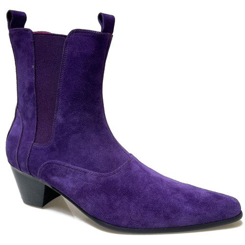 Outlaw Cuban Heel Chelsea Boots with Winklepicker Toe in Purple Suede by Madcap England Outlaw Cuban Heel Chelsea Boots with Winklepicker Toe in Purple Suede by Madcap England