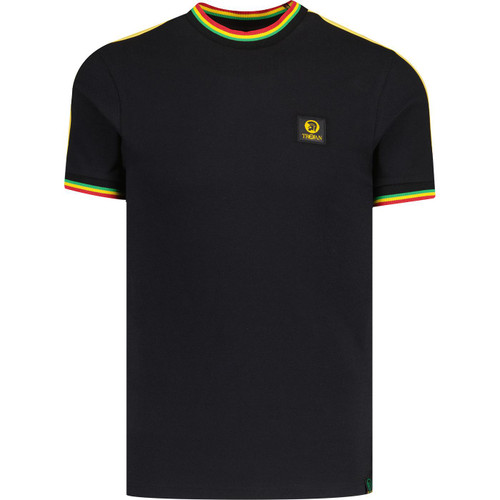 trojan clothing mens 3 colour tipped sleeve stripe pique tshirt black