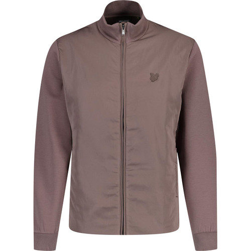 lyle and scott mens retro funnel neck tonal logo badge zip hybrid jacket plum truffle brown