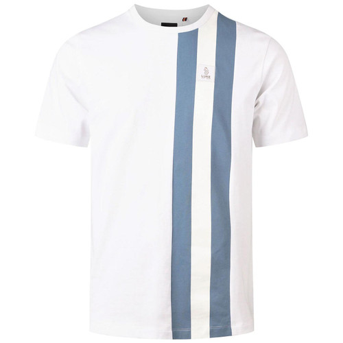 Luke Edale Racing Stripe T-shirt in White and Denim Blue