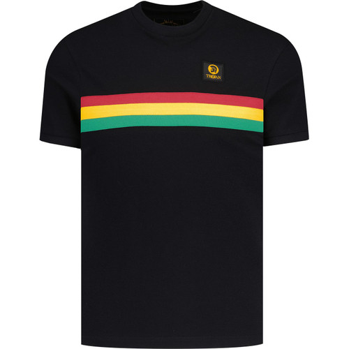 trojan clothing mens retro tricolour rasta chest stripe pique tshirt black