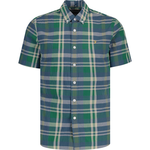 farah vintage mens wylan check seersucker button down short sleeve shirt cold metal blue