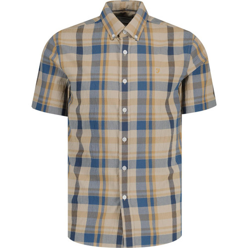 farah vintage mens wylan check seersucker button down short sleeve shirt hazelnut brown