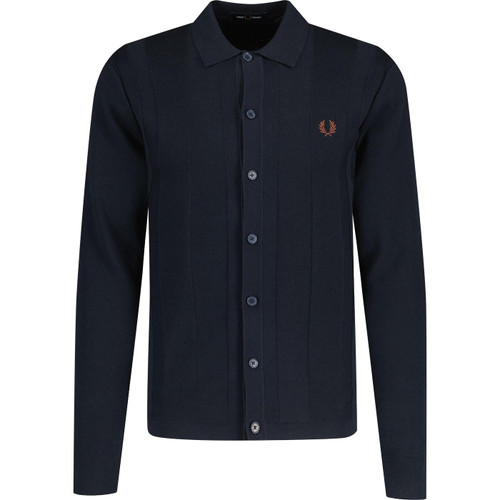 fred perry mens button through textured knit cardigan navy