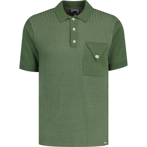Pretty Green Mens Roxy 60s Mod Textured Knitted Polo Shirt in Green