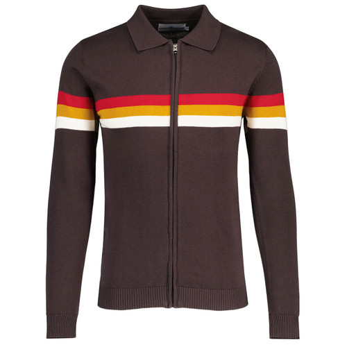 Madcap England Mavers 96 Retro Britpop Stripe Knitted Track Top in Black Coffee MC98