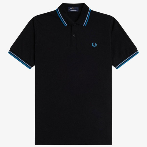 Fred Perry Made in England Twin Tipped Polo Shirt in Black with Sky and Ocean M12 X13 