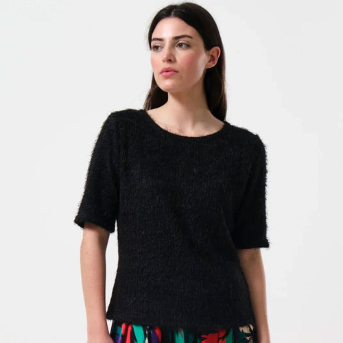Louche Laureen Eyelash Rib Short Sleeve Fluffy Jumper in Black