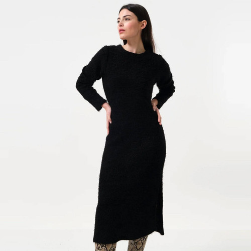 Louche Guila Eyelash Rib Long Sleeve Fluffy Midi Dress in Black