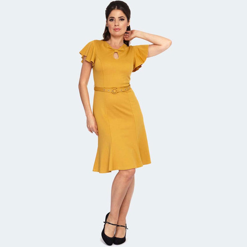 Voodoo Vixen Retro 50s Flutter Sleeve Twist Front Flare Dress in Mustard DRA9741