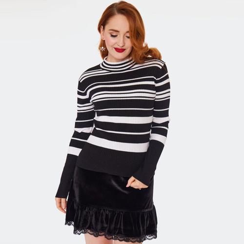 Voodoo Vixen Retro 70s Black And White Striped High Neck Sweater SWA 7100