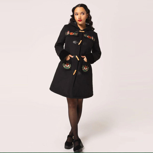 Hell Bunny Basil Retro Autumn Fox Ear Hooded Coat in Black