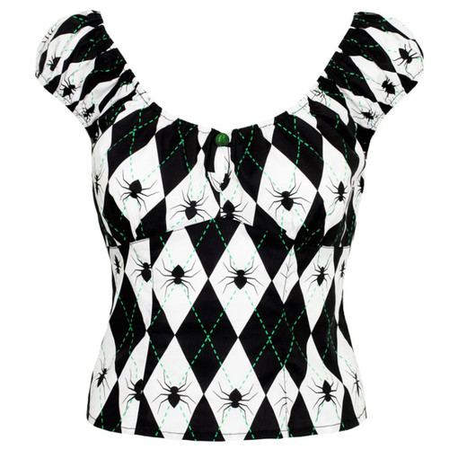 Hell Bunny Regina Spider Argyle Halloween Top in Black/White