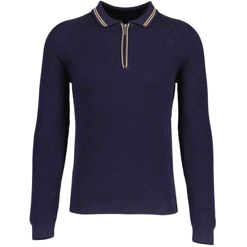 Guide London Ribbed Knit Zip Neck Polo Shirt in Navy