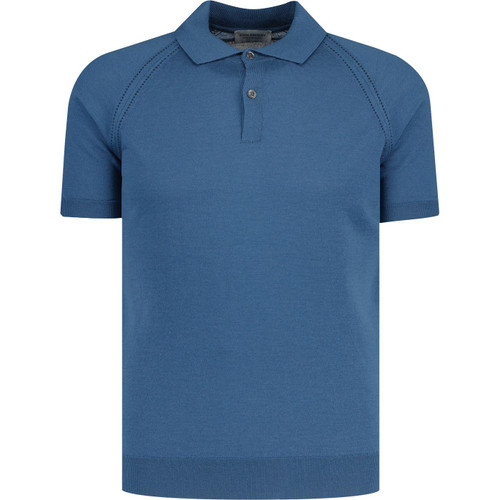 John Smedley Hanwell Raglan Sleeve Retro Knitted Polo Shirt in Estate Blue