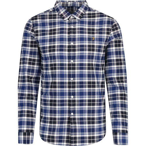 farah vintage mens brewer mod slim fit check oxford long sleeve shirt blue