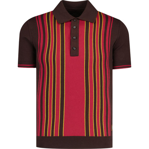 trojan records clothing mens vertical stripes front panel knitted mod polo tshirt chocolate