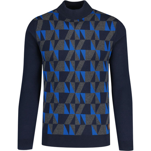 trojan records clothing mens retro geometric panel fitted turtleneck jumper navy blue