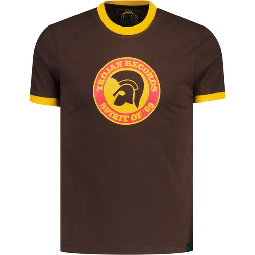 trojan clothing mens retro spirit of '69 large logo print contrast neck tshirt chocolate brown