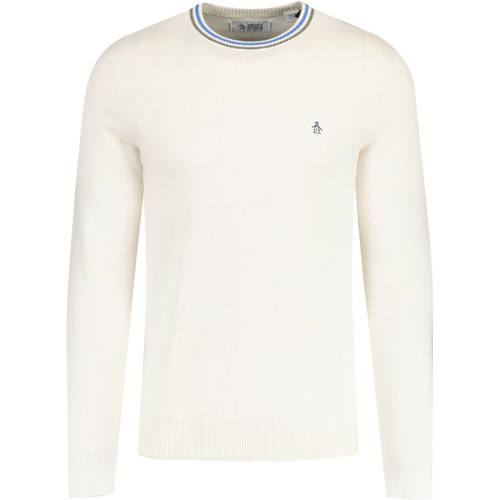 original penguin mens retro tipped crew neck plain coloured fitted jumper birch beige