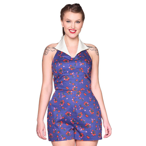 Collectif Lola Mixed Berries 1950s Vintage Playsuit in Navy