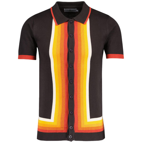 Madcap England Screaming Jay 2 Retro Stripe Knitted Button Through Polo Shirt in Espresso MC288B